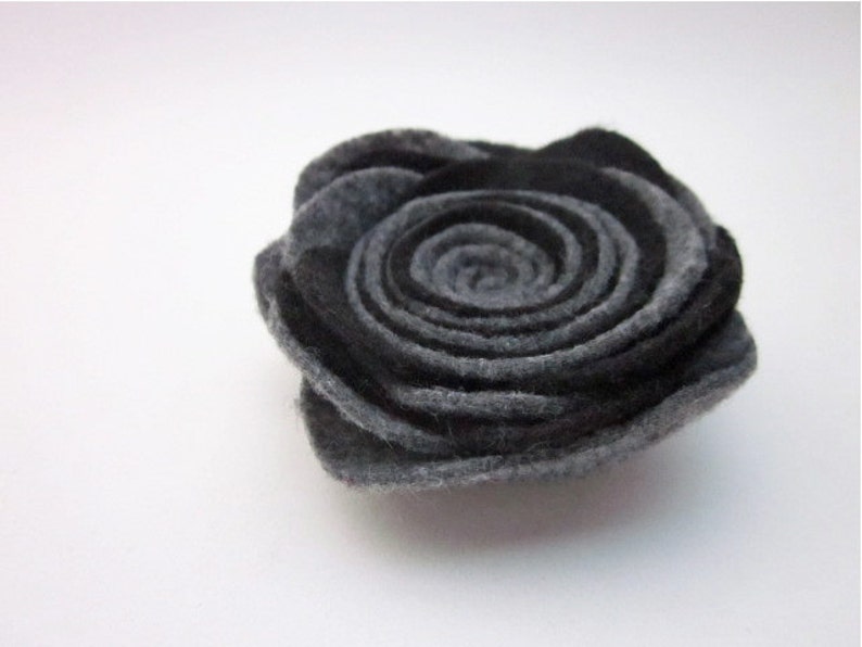 Grey Felt Accessories, Grey Flower Pin, Dark Grey Flower, Dark Flower Brooch, Grey Lapel Pin, Grey Red Black Accessory, Rolled Flowers image 4