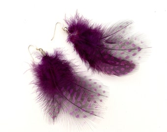 Feather Dangles, Purple Feather Boho Jewelry, Purple Black & Silver Dangle Earrings, Women's Purple Feather Jewelry, Dotted Purple Earrings