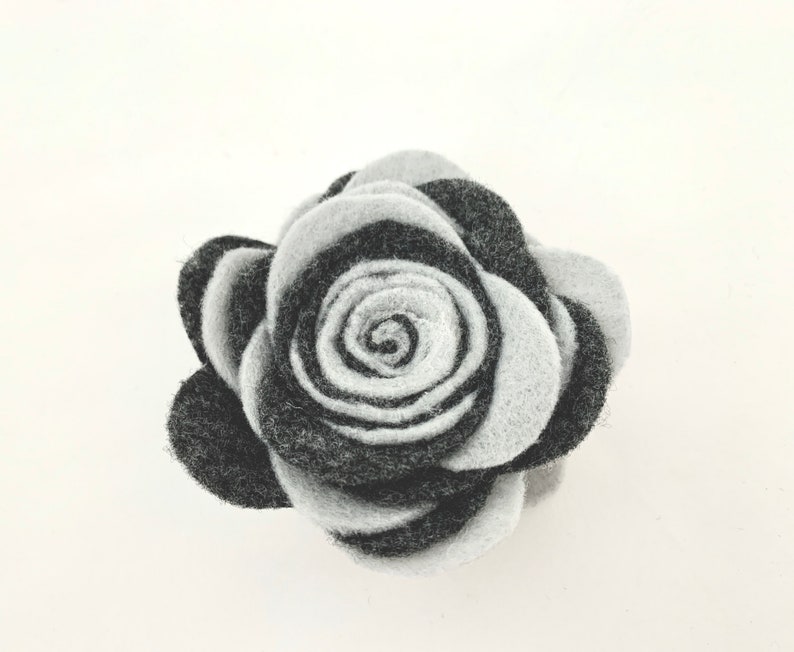 Grey Felt Accessories, Grey Flower Pin, Dark Grey Flower, Dark Flower Brooch, Grey Lapel Pin, Grey Red Black Accessory, Rolled Flowers image 8