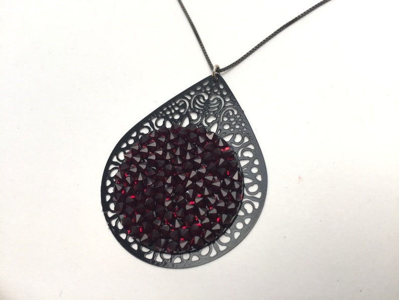 Dark Red Pendant Necklace, Women's Red & Black Pendant Necklace, Dark Red and Black Jewelry, Dark Red Crystal Jewelry, Black Chain Necklace image 10