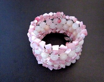 Women's Light Pink Bead Bracelet, Pink Wrap Bracelet, Pink Awareness Jewelry, Women's Pink Bead Rose Quartz Jewelry, Pink Cats Eye Jewelry