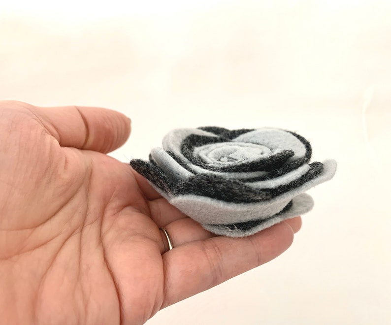 Grey Felt Accessories, Grey Flower Pin, Dark Grey Flower, Dark Flower Brooch, Grey Lapel Pin, Grey Red Black Accessory, Rolled Flowers image 7