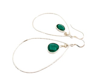 Dark Green Drop Earrings, Women's Silver & Green Teardrop Jewelry, Large Silver Green Earrings, Dark Glass Dangle Earrings, Teardrop Dangles