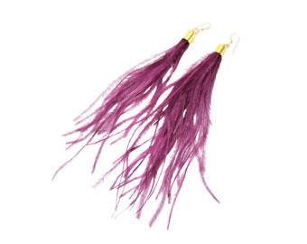 Women's Long Purple Earrings, Ostrich Feather Jewelry, Purple Feather Earrings, Women's Long Purple & Gold Earrings, Magenta Purple Jewelry