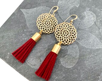 Women's Gold Boho Tassel Earrings, Faux Red Leather Jewelry, Gold & Red Tassel Earrings, Festive Red Earrings, Women's Red Tassel Jewelry