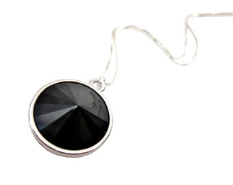 Black Swarovski Crystal Necklace, Womens Black Pendant Necklace, Round Black Pendant Necklace, Black Drop Necklace, Jet Black Silver Jewelry