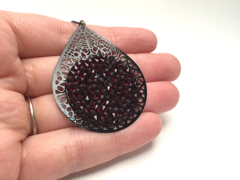 Dark Red Pendant Necklace, Women's Red & Black Pendant Necklace, Dark Red and Black Jewelry, Dark Red Crystal Jewelry, Black Chain Necklace image 2