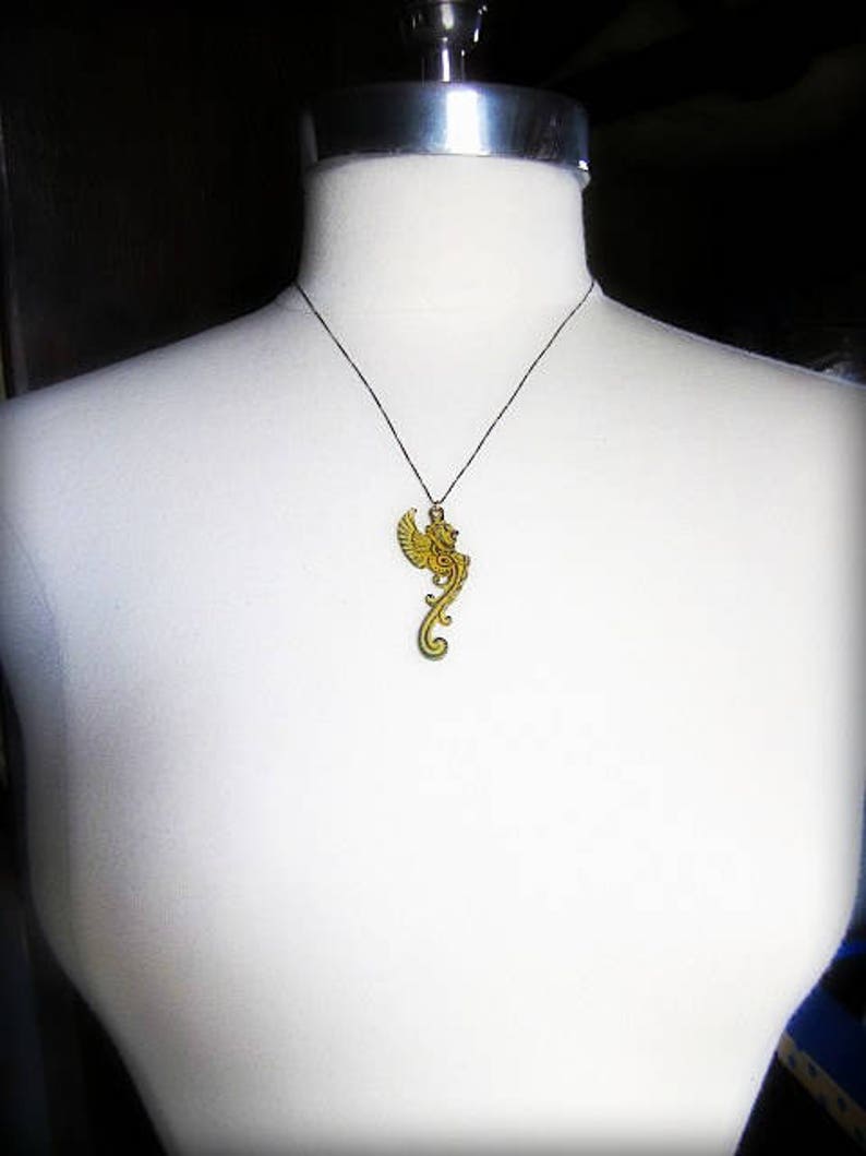 Elegant Gothic Necklace, Gargoyle Jewelry, Women's Goth Jewelry, Patina Pendant Necklace, Yellow Metal Necklace image 3