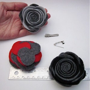 Grey Felt Accessories, Grey Flower Pin, Dark Grey Flower, Dark Flower Brooch, Grey Lapel Pin, Grey Red Black Accessory, Rolled Flowers image 5