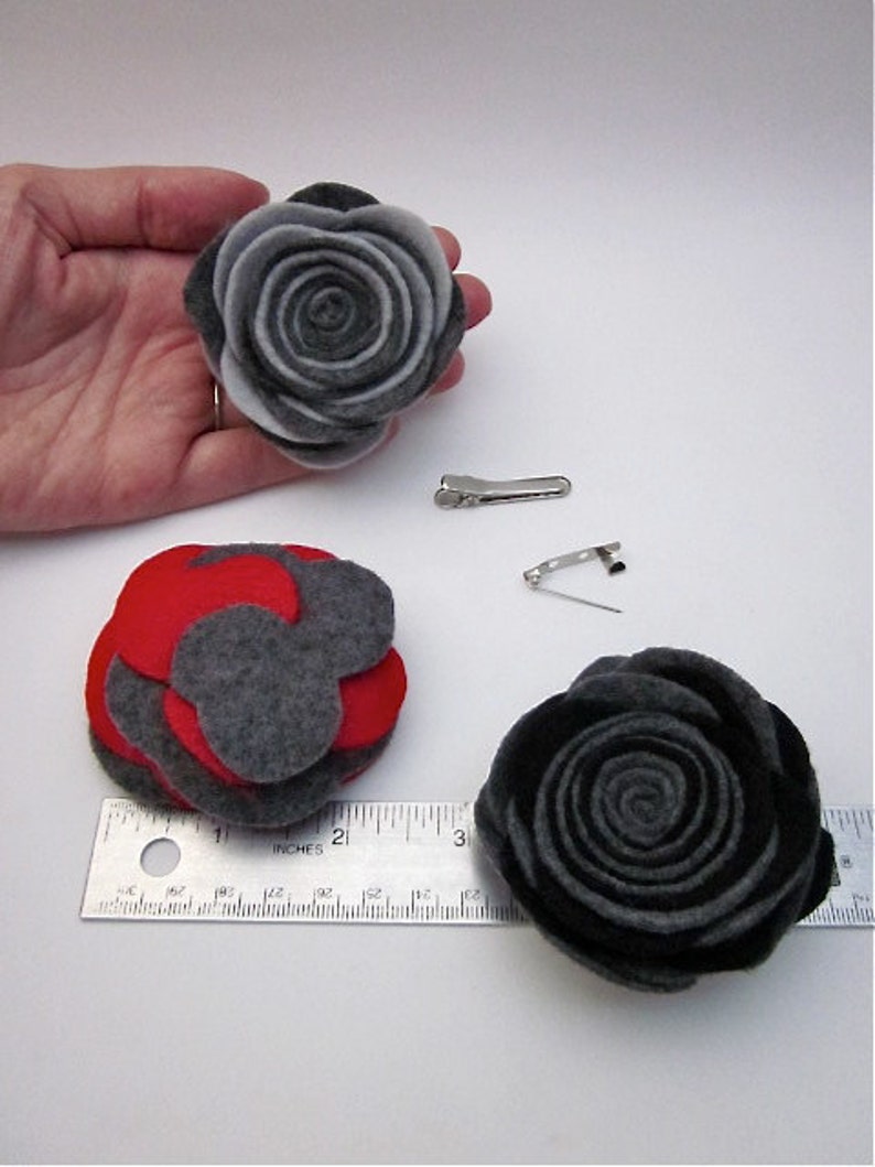 Grey Felt Accessories, Grey Flower Pin, Dark Grey Flower, Dark Flower Brooch, Grey Lapel Pin, Grey Red Black Accessory, Rolled Flowers image 5