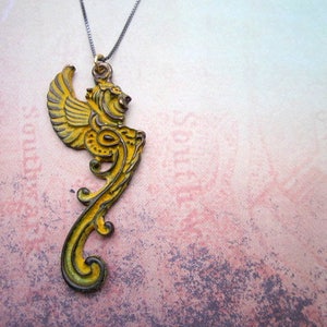 Elegant Gothic Necklace, Gargoyle Jewelry, Women's Goth Jewelry, Patina Pendant Necklace, Yellow Metal Necklace image 1