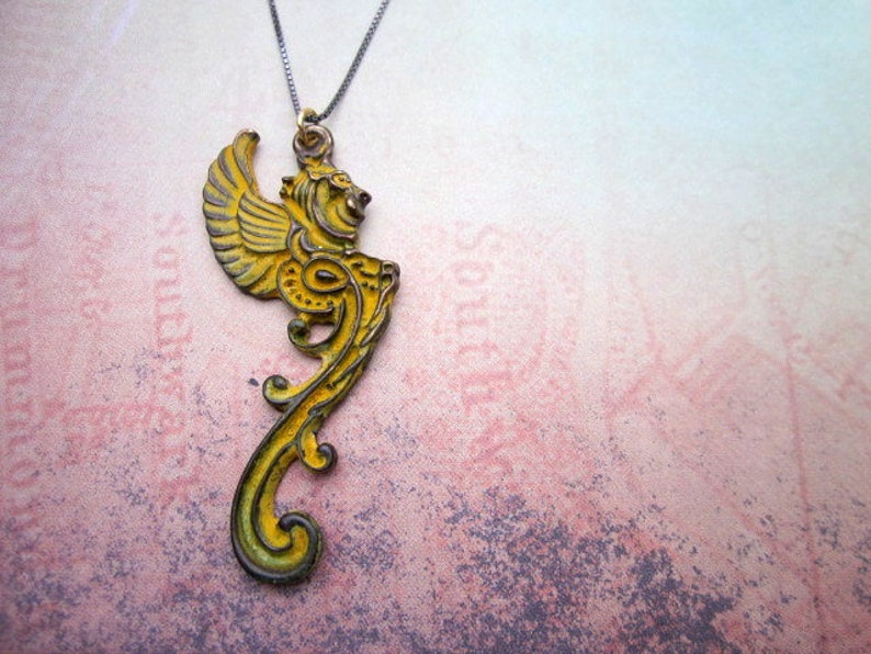 Elegant Gothic Necklace, Gargoyle Jewelry, Women's Goth Jewelry, Patina Pendant Necklace, Yellow Metal Necklace image 1