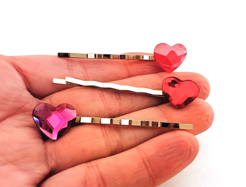 Heart Accessories, Swarovski Bobby Pins, Red Purple Violet Heart Hair Pins, Crystal Bobby Pin, Women's Hair Pin, Valentine Flair image 2