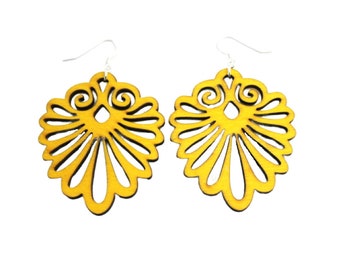 Women's Large Yellow Earrings, Lightweight Dangle Earrings, Laser Cut Jewelry, Yellow Wooden Earrings, Big Statement Earrings