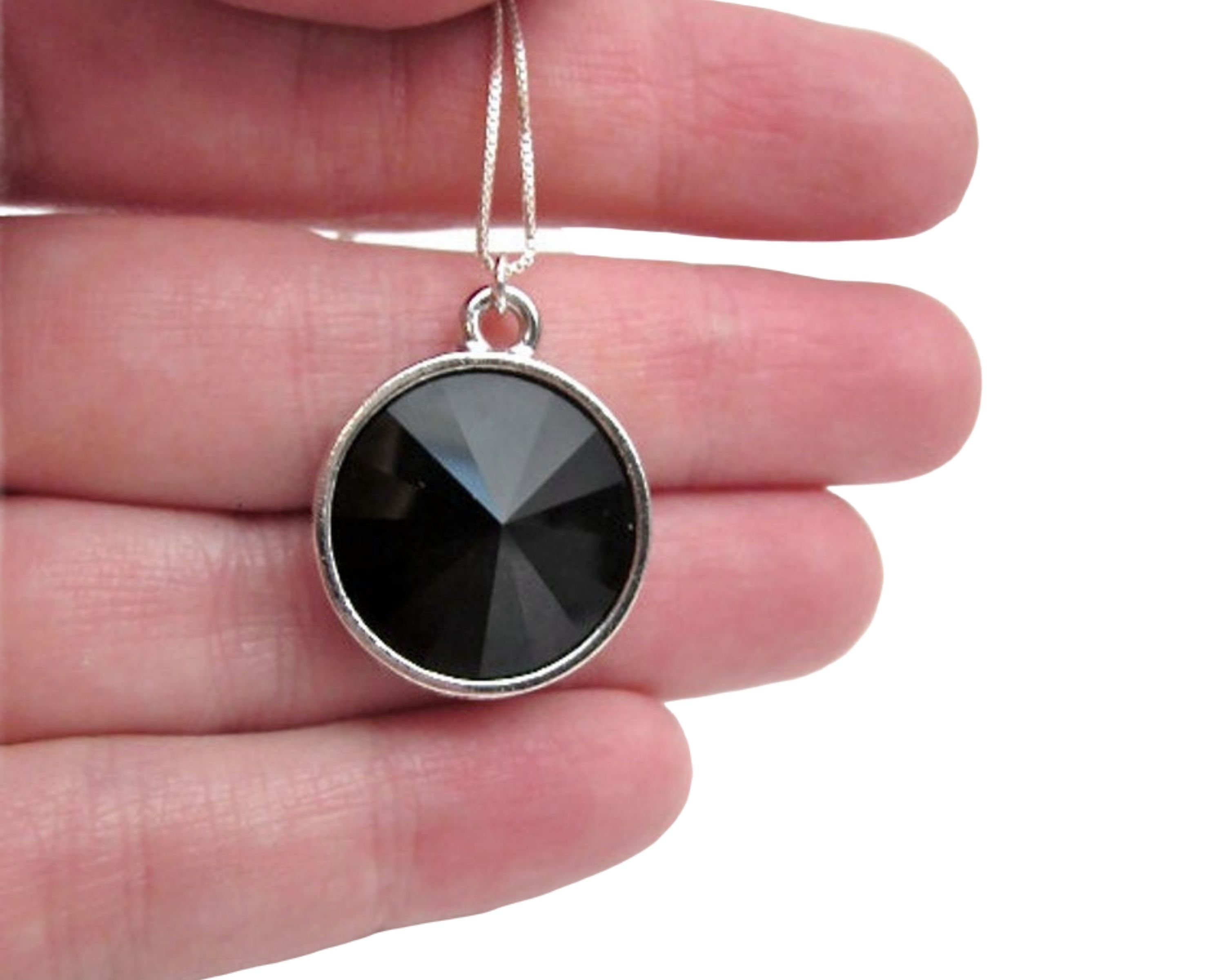 Black Swarovski Crystal Necklace, Womens Black Pendant Necklace, Round