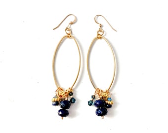 Blue Corundum Jewelry, Sapphire Dangle Earrings, Blue Gemstone & Gold Earrings, Oval Hoops, Blue Gem Bead Earrings, Long Beaded Dangles