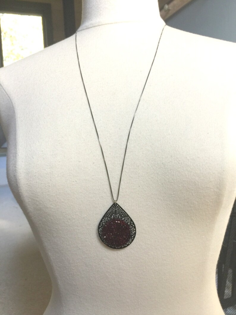 Dark Red Pendant Necklace, Women's Red & Black Pendant Necklace, Dark Red and Black Jewelry, Dark Red Crystal Jewelry, Black Chain Necklace image 3