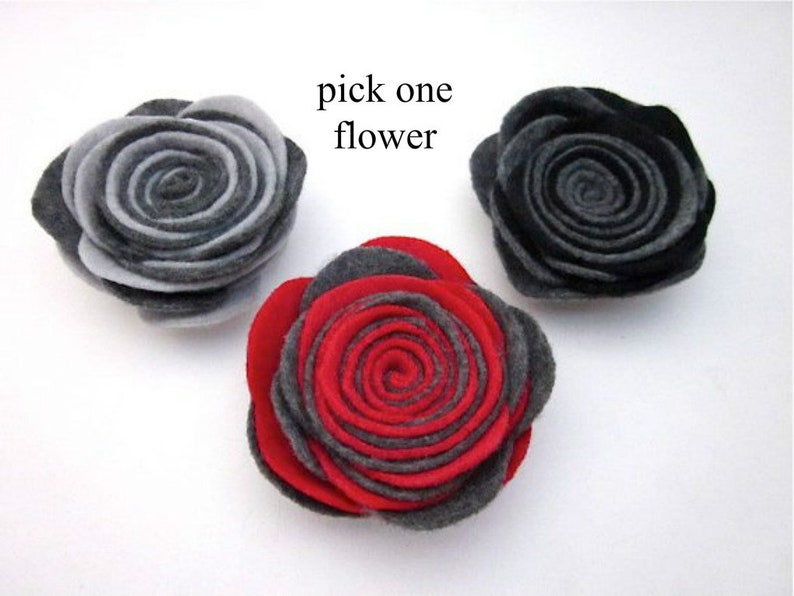 Grey Felt Accessories, Grey Flower Pin, Dark Grey Flower, Dark Flower Brooch, Grey Lapel Pin, Grey Red Black Accessory, Rolled Flowers image 10