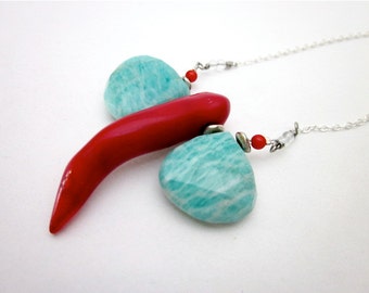 Bead Wing Necklace, Dragonfly Bead Necklace, Red Blue Gem Necklace, Women's Amazonite Bead Jewelry, Dragonfly Jewelry, Unique Coral Pendant