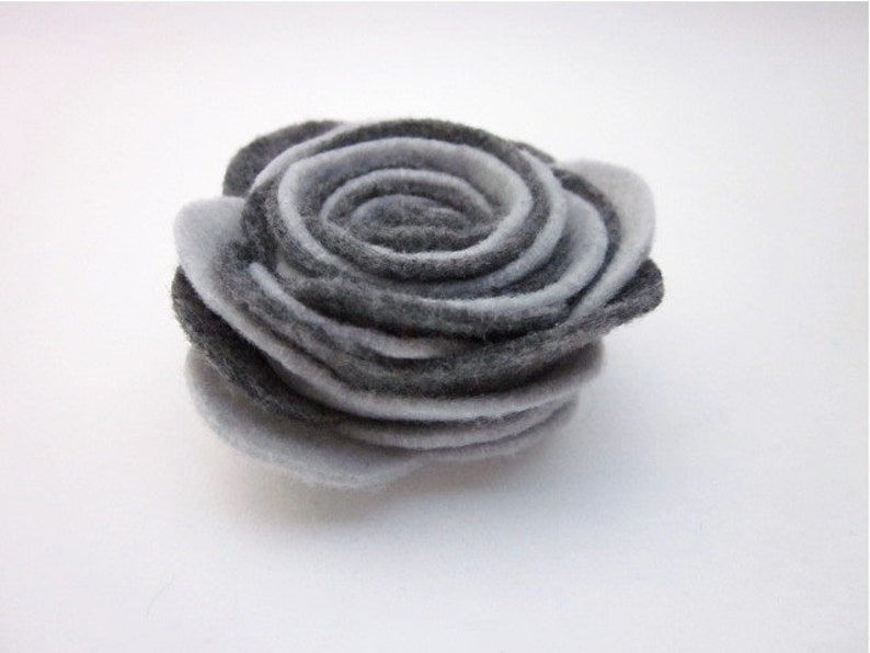 Grey Felt Accessories, Grey Flower Pin, Dark Grey Flower, Dark Flower Brooch, Grey Lapel Pin, Grey Red Black Accessory, Rolled Flowers image 3