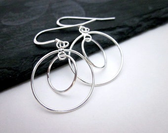 Silver Circle Dangles, Small Silver Dangle Earrings, Simple Silver Hoop Earrings, Double Hoop Jewelry, Double Silver Hoops, Sterling Hoops