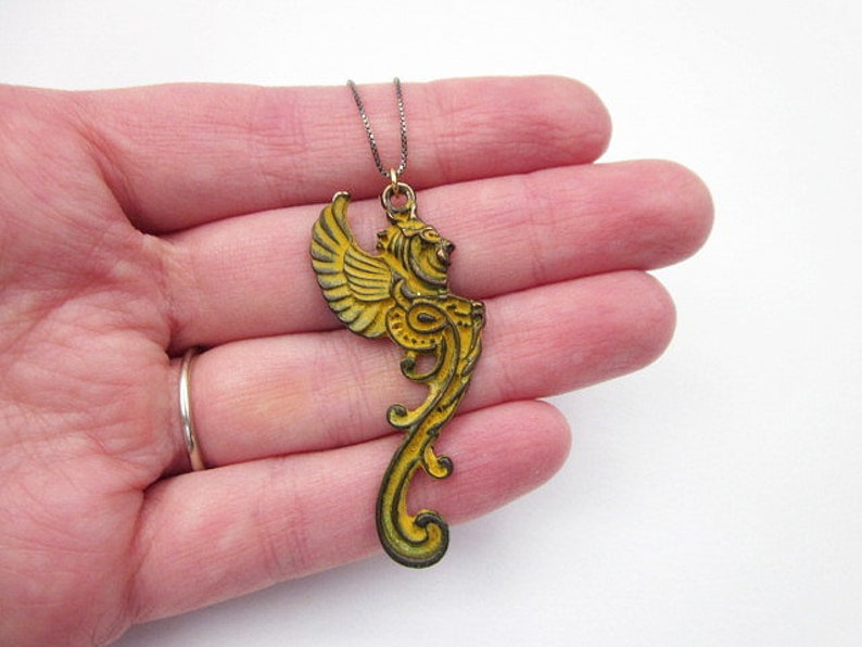 Elegant Gothic Necklace, Gargoyle Jewelry, Women's Goth Jewelry, Patina Pendant Necklace, Yellow Metal Necklace image 9