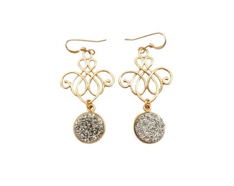 Titanium Druzy Earrings, Fun Silver & Gold Earrings, Women's Druzy Dangle Earrings, Festive Gold Jewelry, Gold Scroll Earrings