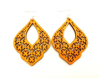 Large Orange Earrings, Laser Cut Earrings, Colorful Wood Jewelry, Orange Wood Earrings, Fun Orange Jewelry, Women's Bright Orange Jewelry
