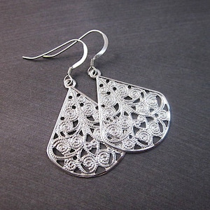Silver Filigree Teardrop Earrings, Women&#39;s Everyday Jewelry, Silver Filigree Drop Dangles, Metal Teardrop Dangles, Medium Teardrop Earrings
