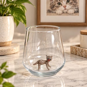Drinkglas met grijze kattenfiguur, handgemaakt, steelvrij glas, cadeau voor kattenliefhebbers