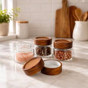 May include: A set of clear glass jars with dark brown wooden lids. One jar is open and empty, while three others are filled with pink salt, multicoloured peppercorns, and red chilli flakes. The lids have a smooth, circular wooden grain finish.