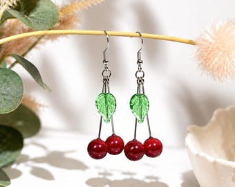 Murano Style Cherry Glass earrings with Leaf – Handmade Fruit Jewelry Gift for Mom