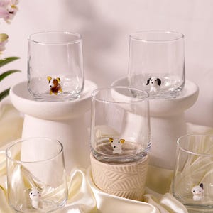 Murano Style Dog Figurine Glass Set 5 pc, Engraved Stemless Wine Glasses, Drinking Glass