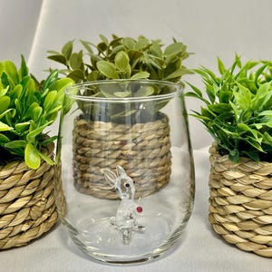 Murano-Style Drinking Glass 2-Piece Set, Bunny Figurine Glassware for Gift or Table Decor