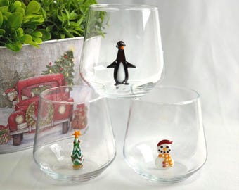 Juego de vasos navideños hechos a mano estilo Murano con figuras de invierno (3 piezas)