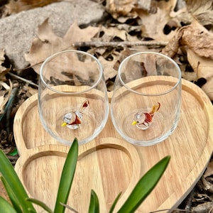 Drinking Glass with Bird Figurine, Murano Style Stemless Glass Cup, Cute Animal Gift for Her, Unique Barware & Home Decor