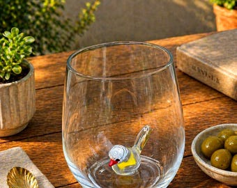 Murano Style Bird Wine Glass – Yellow Brown Figurine, Artistic Drinkware