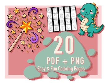 May include: A digital download graphic featuring a cartoon dinosaur, a magic wand, and a collection of coloring pages. The text reads "20 PDF + PNG Easy & Fun Coloring Pages" on a pink background.