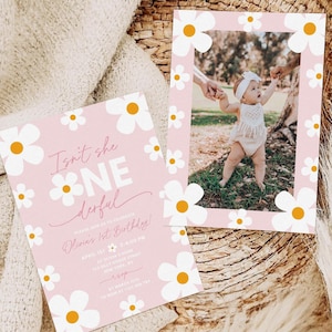 Faire-part photo d'anniversaire Marguerite, 1er anniversaire Onederful Daisy, carte 1er anniversaire rose de fille, photo d'invitation de marguerites Onederful n'est-ce pas