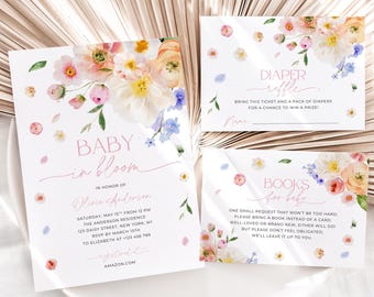 Wildflower Baby Shower Invitation Set: Books for Baby, Diaper Raffle (Canva Template)