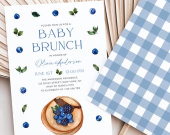 Convite para Brunch de Bebê com Mirtilos: Costas Vichy (Modelo Editável do Canva)
