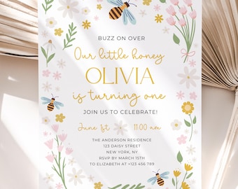 Bee Birthday Invitation, Our Little Honey Birthday Invite, First Birthday Invite, First bee-Day Invitation, Bee First Birthday Invite