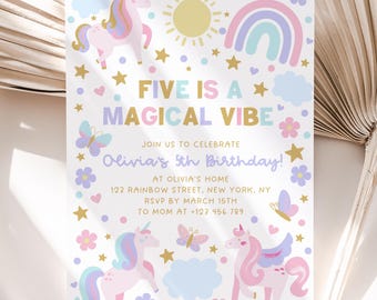 Unicorn 5th Birthday Invitation, Five is a Magical Vibe Invite, Pastel Unicorn Birthday Invite, Rainbow Unicorn Invitation