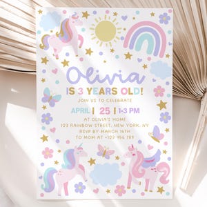 Einhorn-Geburtstags-Einladung, Einhorn 3. Geburtstag einladen, Pastell Einhorn-Geburtstags-Einladung, Regenbogen-Einhorn-Einladung, magischer Tag einladen