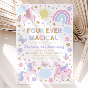 Unicorn 4th Birthday Invitation, Four Ever Magical Invite, Pastel Unicorn Birthday Invite, Rainbow Unicorn Invitation, Magical Day Invite