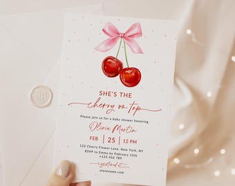 Editable Cherry Baby Shower Invitation, Cherry on Top Invitation, Girl Baby Shower Invite, Pink Bow Invitation, Editable Instant Download