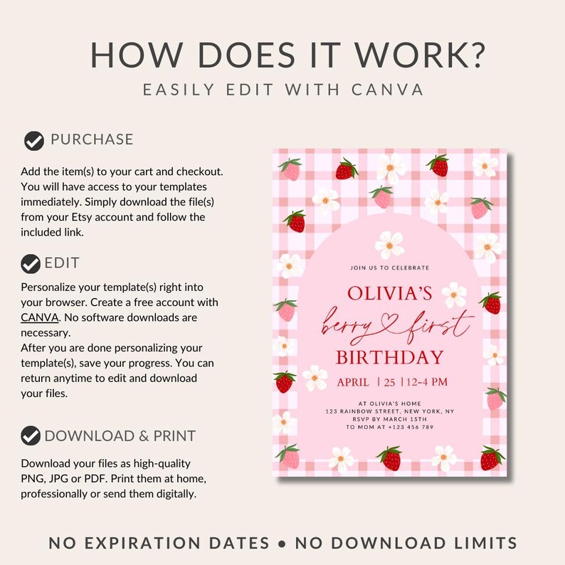 May include: A pink and white gingham pattern with strawberries and white flowers surrounds a pink circle with the text "Join us to celebrate Olivia's berry first birthday" in red and pink lettering. The date and time of the event are listed below, along with the location and RSVP information.