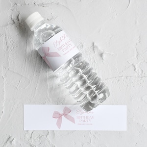 Etichette per bottiglie d'acqua con fiocco modificabili, etichette di compleanno con fiocco rosa, etichette per bottiglie d'acqua stampabili