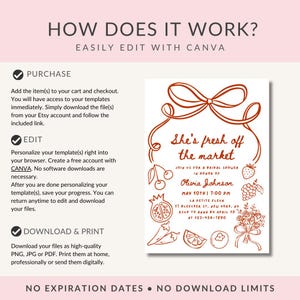 May include: A printable bridal shower invitation with a red and white color scheme. The invitation features a hand-drawn illustration of a bow, fruit, and flowers. The text on the invitation reads "She's fresh off the market" and includes the bride's name, date, time, and location.