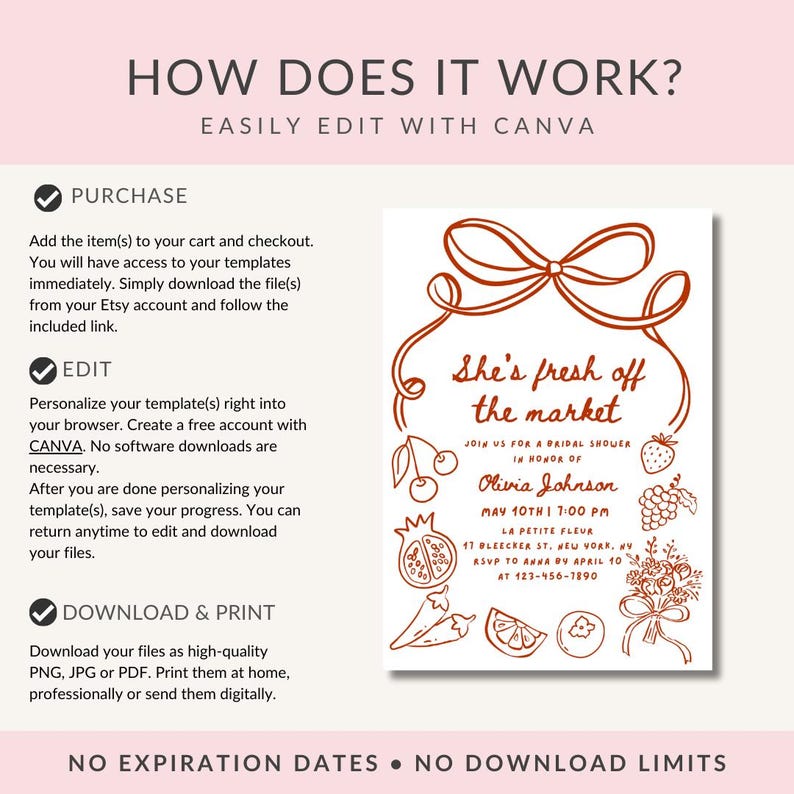 May include: A printable bridal shower invitation with a red and white color scheme. The invitation features a hand-drawn illustration of a bow, fruit, and flowers. The text on the invitation reads "She's fresh off the market" and includes the bride's name, date, time, and location.